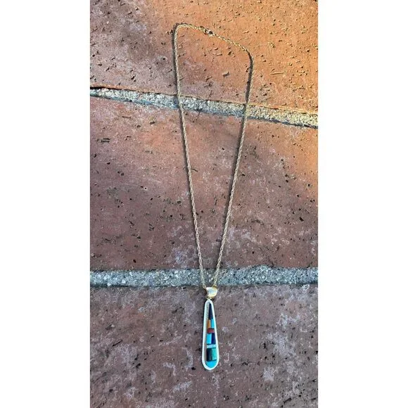 Handmade Gold Filled Over Sterling Silver & Multi Stone Inlay Pendant Necklace